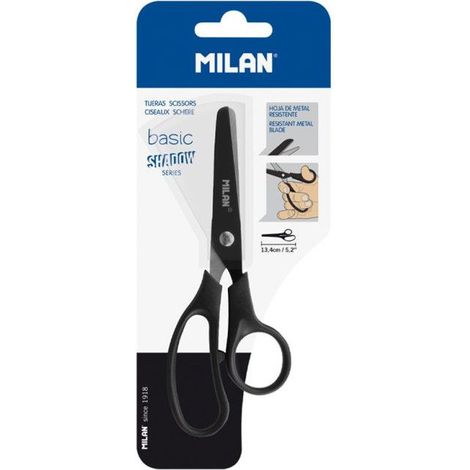 Ciseaux - 13 cm - Noir - Lame acier - Bouts ronds - Scolaire - Loisirs créatifs - Milan