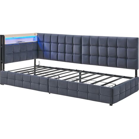 Gepolstertes Tagesbett 90 x 200 cm grau mit 2 Schubladen, LED und USB-C-Anschlüssen (1/5)