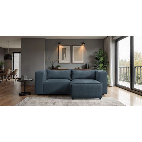 Ecksofa Designersofa NEVIO XS in Stoff Lincoln Blau Ottomane Rechts