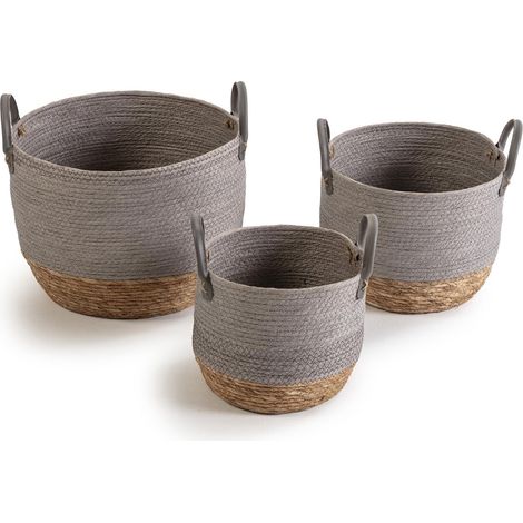 Set de 3 cestas Neves de fibra natural y papel, gris/natural