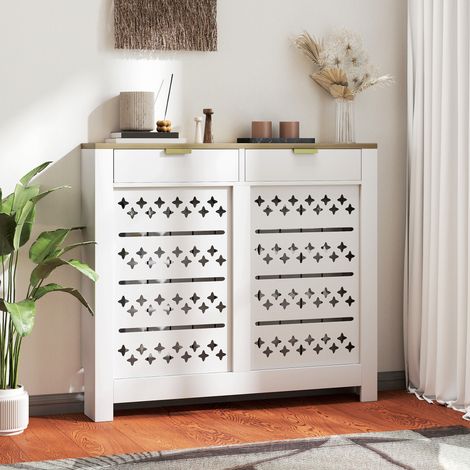 Cache-radiateur design blanc, meuble avec abattant et tablette haute, 108 x 19 x 95,5 cm, habillage chauffage pour radiateur. (1/5)