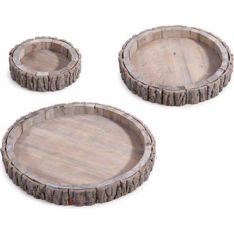 Set 3 Vassoi Rotondi in Legno con Bordo Corteccia (1/4)