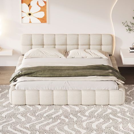 Lit double adulte 140x190 cm avec tête de lit capitonnée, revêtement en lin beige, cadre en métal, sans matelas