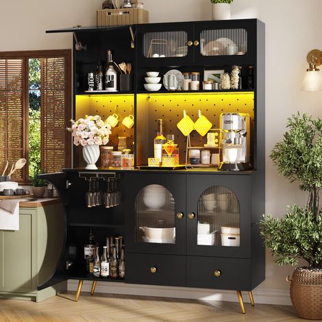 Sideboard moderne avec éclairage LED – Meuble haut de cuisine avec ports USB et prises électriques – Armoire de rangement à panneau perforé, tiroir et étagères en verre-120 x 40 x 176 cm