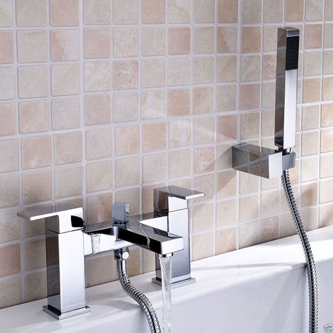 Brayton Square Chrome Bridge Deck Mounted Bath Shower Mixer With Shower Handset (1/5)
