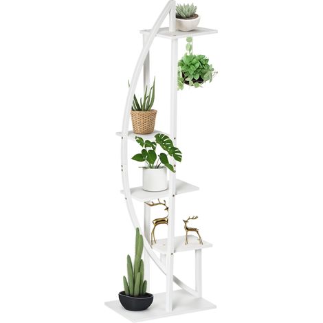 Supporto per piante a 5 livelli a forma di mezzaluna, per interni ed esterni, realizzato in MDF e acciaio, 50x30x160 cm, bianco.