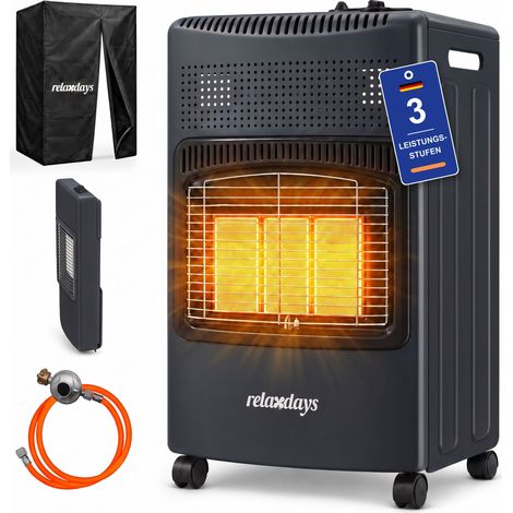 Relaxdays Gasheizofen, 3 Keramikplatten, 1500-4200 W, innen & außen, Rollen, für Gasflaschen, Gasheizstrahler, schwarz (1/5)