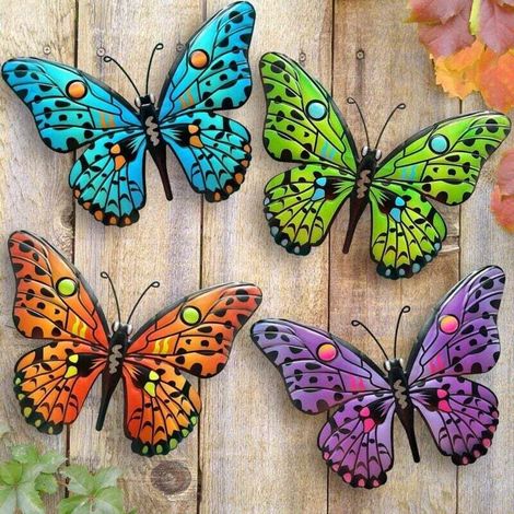 Décoration murale papillon en métal - 24,4 cm (9,6 pouces) - Décoration murale extérieure, convient aux jardins, patios, salons, chambres, terrasses et balcons (ensemble de 4 pièces) (1/4)