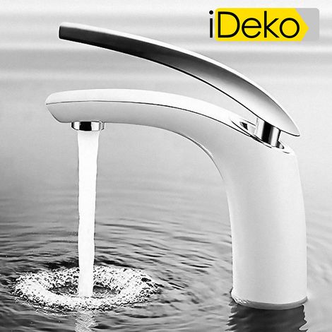 Robinet de lavabo mitigeur blanc céramique – Corps en laiton – Hauteur 17 cm – Aérateur ABS pour économie d'eau – Installation facile – Ideko (1/5)