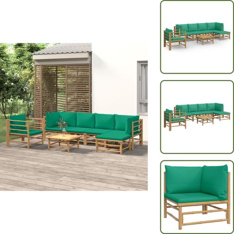 Cojines de asiento - vidaXL Set de muebles de jardín 7 piezas bambú con cojines verde - Cojines de respaldo