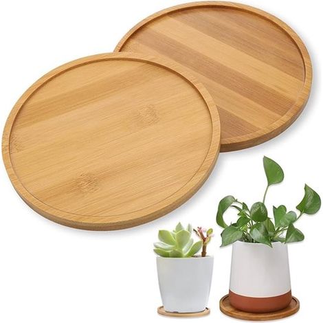 Posavasos de bambú, Posavasos de cristal, Posavasos redondos de bambú, Posavasos con forma de maceta de imitación madera, Juego de 2-15 cm (1/5)
