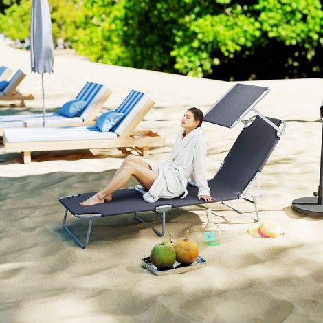 Chaise longue pliante jardin auvent dossier inclinable terrasse camping 187x58x36cm, gris