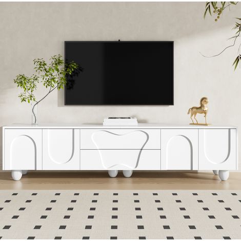 Mobile TV in PB bianco con gambe in legno massello, 180,0 x 40,0 x 42,0 cm, con cassetti e vani contenitore (1/5)