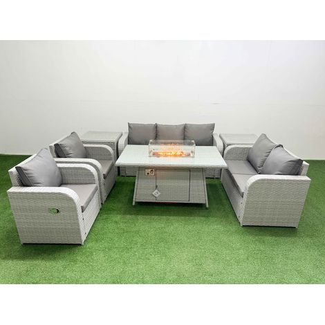 Fimous PE Rattan Garden Furniture Set Reclining Chair Sofa Double Love Seat 2 Seater Sofa Lounge Set Firepit Dining Table 2 Side Table Light Grey (1/4)