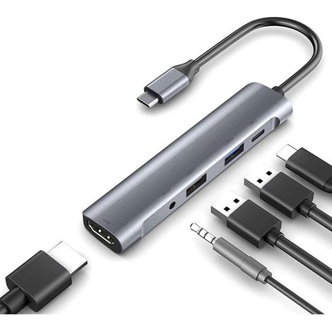 RHG Adaptateur USB C Macbook air, 5 en 1 HUB USB C Multiport avec 4K HDMI, microphone en ligne pour casque 3.5, 100W PD, Adaptateur USB C pour Macbook Air/Pro M1, iPad Pro M1, Chromecast, Windows, PS4