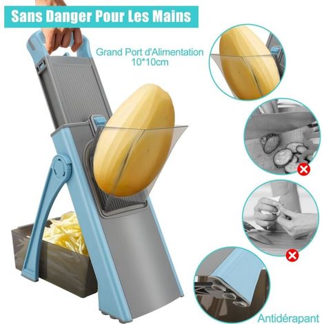 Mandoline Cuisine Manuelle, Safety Slicer Coupe Frites Légume Multifonction Hachoir Manuel Épaisseur Ajustable - Julienne, Tranche, Lanière, Dé, Cube Patate Carotte Concombre Tomate, Bleu (1/4)