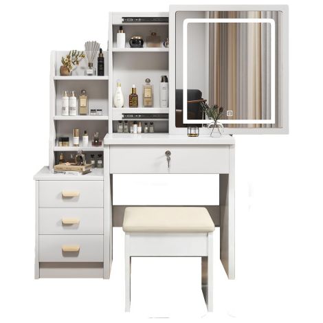 Coiffeuse LED 3 couleurs, miroir, tabouret, 4 tiroirs, blanche (1/5)
