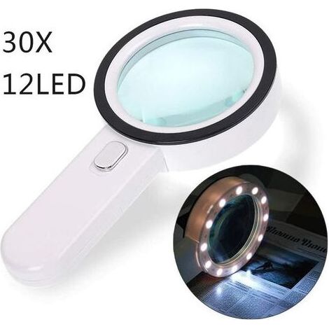 Loupe Lecture, Loupe Grossissante 12 LED Loupe 30X, Grande Loupe Lumineuse Loupe de Poche pour Bijoutier, Horloger, Artisanat, Enfant, Personnes âgées, etc (1/4)