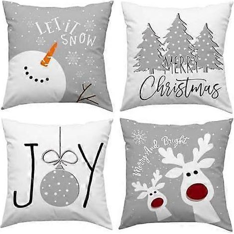 Décorations de Noël, housses de coussin de Noël 45 x 45 cm (18 x 18 pouces), gris et blanc, lot de 4, housses de coussin de Noël avec cerf et flocons de neige, coussin décoratif. (1/4)