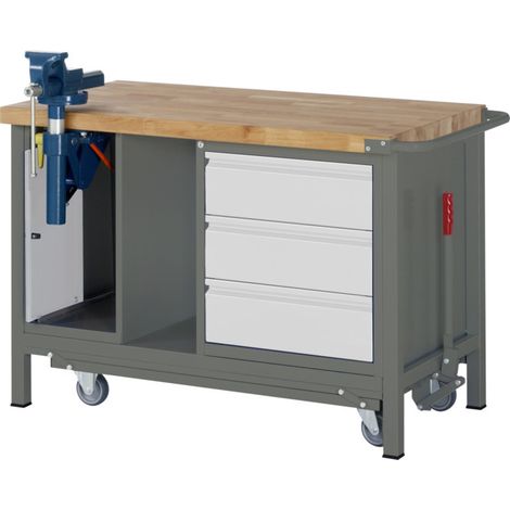 Etabli STIER Premium avec châssis roulant abaissable, 3 tiroirs et étau, lxPxH 1 250x700x880 mm (1/4)