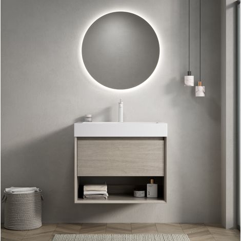 Wand-Badmöbel 70 cm mit weißem Kunstharz-Waschbecken und Korpus in heller Eiche (1/5)