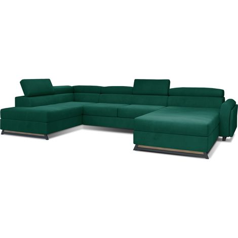 Grand canapé panoramique convertible velours vert avec coffre Konba 370cm-Coffre à gauche (1/5)