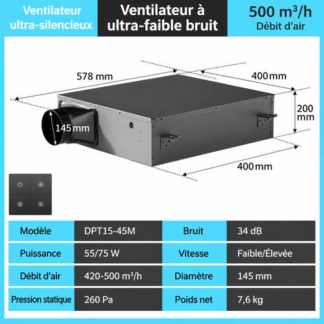 Système de ventilation VMC pour conduit flux simple débit 500 75 65 × 47 × 27,5 cm 9,2 kg – Livraison gratuite