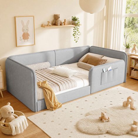 Lit plateforme 90x200 cm en lin gris avec mousse et poches latérales (1/5)