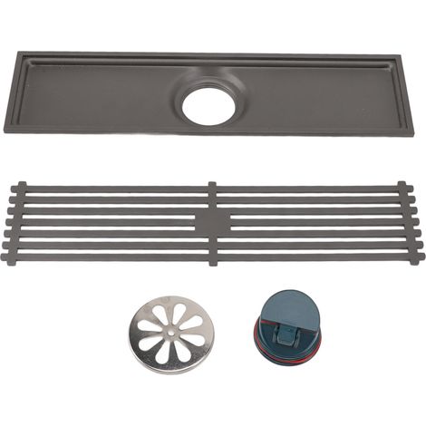 Caniveau de douche linéaire 30cm avec grille rectangulaire en acier inoxydable gris foncé, anti-odeurs pour sol de salle de bain. (1/5)