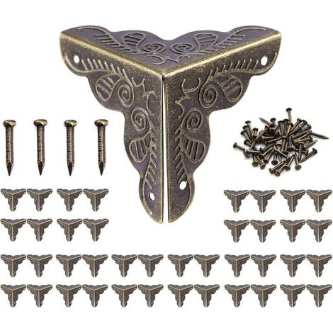Cerniera per mobili, Promozione, 40 pezzi Angoli vintage, Angoli per mobili in metallo antico, Angoli protettivi per casse e mobili, Stile vintage, Mobili decorativi effetto bronzo, Include 160 chiodi