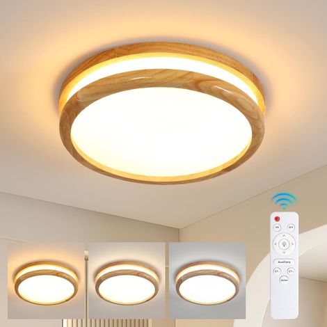 Plafonnier circulaire en bois massif Ø30cm 32W avec variateur et télécommande - Luminaire design naturel pour intérieur 220V (1/5)