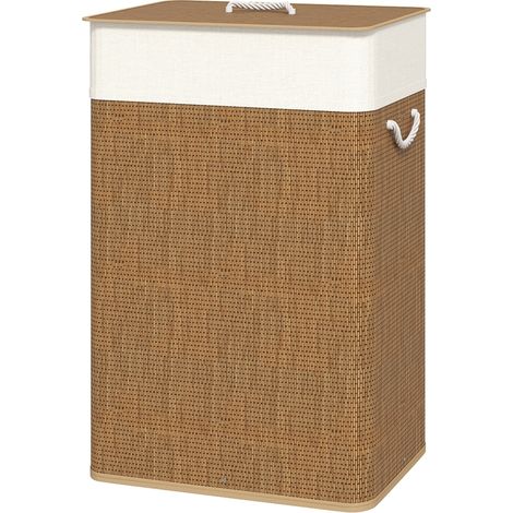 Panier à linge en bambou avec couvercle 72 L, sac amovible lavable, poignées corde, pour salle de bain et chambre, marron (1/5)