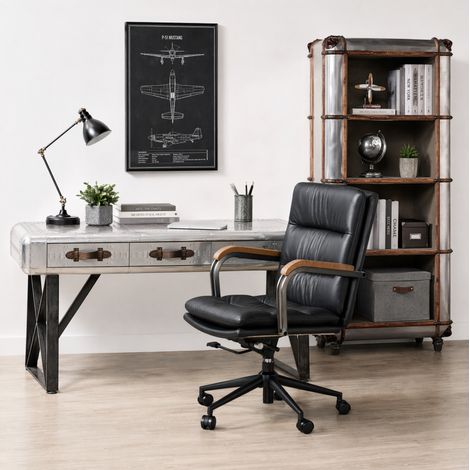 Ergonomischer Bürostuhl Drehbar und Höhenverstellbar, mit Eichenarmlehnen, Leder und Metall Schwarz (1/5)