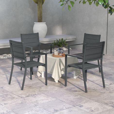 Lot de 4 fauteuils de jardin empilables en aluminium et résine tressée, avec accoudoirs, pour terrasse ou balcon. (1/5)