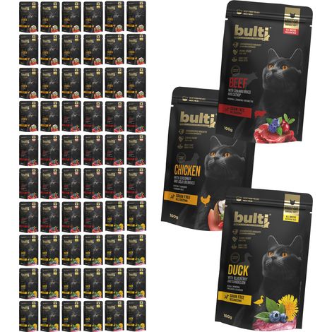 BULTI Superfood Nassfutter für Katzen, Geschmacksmischung, 60 x 100 g Beutel (1/4)