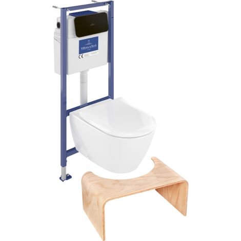 Pack inodoro VILLEROY ET BOCH Subway 2.0 sin reborde con asiento de cierre suave + estructura Viconnect PRO + placa negra mate + taburete de madera