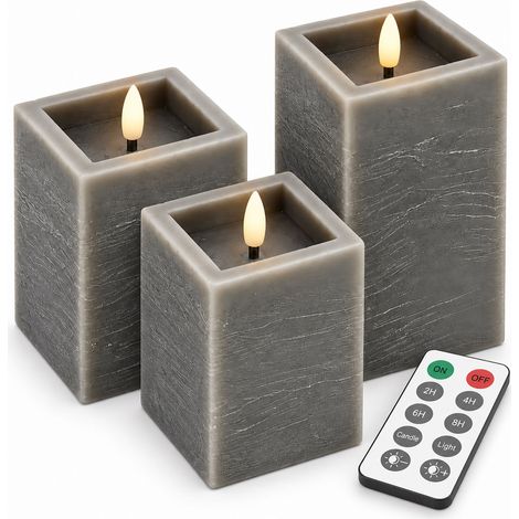 Relaxdays 3 velas LED cuadradas de cera auténtica, llama parpadeante, temporizador, mando, efecto hormigón, gris (1/5)