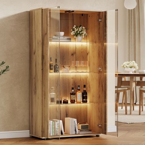 Vitrina con 2 puertas de cristal, 4 estantes e iluminación LED regulable – diseño moderno para salón, estilo natural, 80×36×150,5 cm (1/5)
