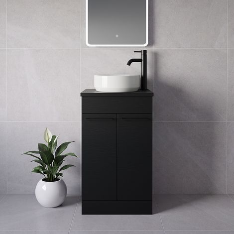 Napoli 390 Nero Oak 500mm 2 Door Vanity Unit for Countertop Basins - 500mm - Matt Black 160mm Handle