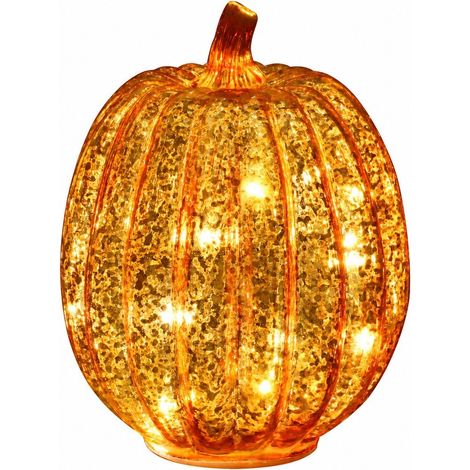Lanterne citrouille en verre pour décoration d'Halloween, ornement LED en vitrail, minuterie automatique, doré 16,5 x 14 cm et doré 14 x 19,5 cm (1/5)
