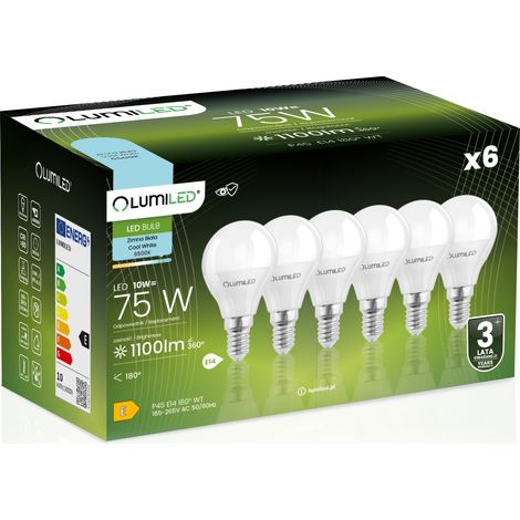 6 bombillas LED E14 tipo bola P45 10W = 75W 1100lm 6500K Luz fría 180° lumiled (1/5)