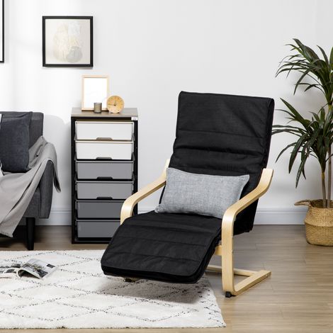 Poltrona reclinabile, lettino prendisole, poggiapiedi regolabile, cuscino, legno+nero, 66,5 x 94 x 100 cm