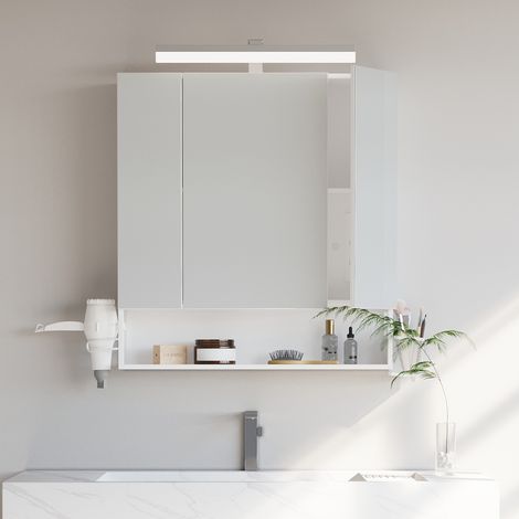 Vasagle – Armoire murale de salle de bain 3 portes avec miroir – Multiprise et support pour sèche-cheveux – Espace de rangement pratique – Blanc (1/5)