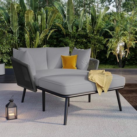 Ensemble de salon de jardin Double Chaise longue avec 2 coussins et 2 oreillers, les coussins sont amovibles et lavables, gris (1/5)