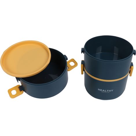 Dreilagige, isolierte Lunchbox aus Kunststoff, rund, großes Fassungsvermögen, tragbar, elegantes Blau, für Angestellte und Schüler, Thermos-Lunchbox. (1/5)