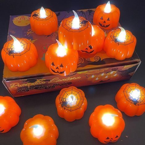 Lot de 12 bougies chauffe-plat LED 3D en forme de citrouille sans flamme Fonctionnement à piles Blanc chaud Vacillant Intérieur et extérieur (1/5)