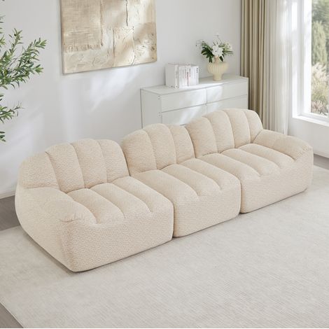 Sofá modular de 3 plazas beige blanco en tejido bouclé, sin estructura con otomana unible (1/5)