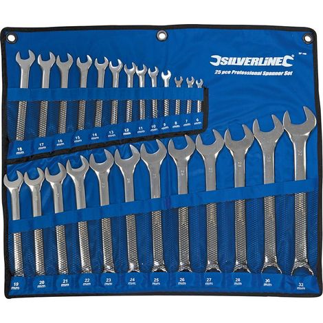 Silverline – Trousse de 25 clés mixtes 6 - 32 mm – Acier chrome-vanadium – Extrémités inclinées à 15° pour accès en espaces restreints – SP100 (1/6)