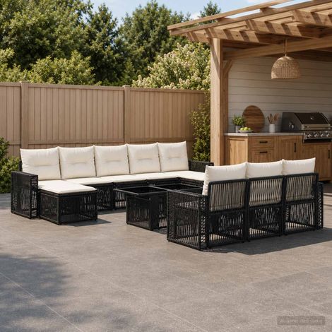 vidaXL Set Divano da Giardino 11 pz Nero e Bianco Crema polyrattan (1/5)
