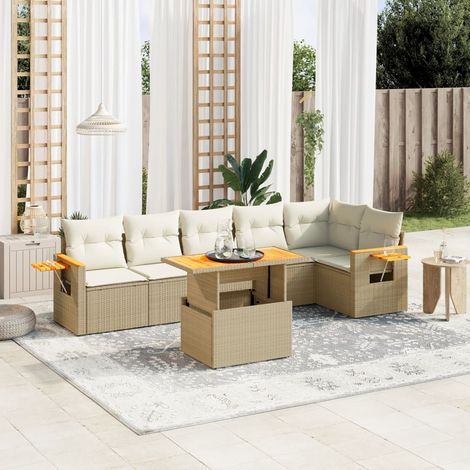Canapé de jardin 7 pièces en résine tressée beige avec coussins déhoussables – Table réglable 100x55 cm, modulaire et UV (1/3)